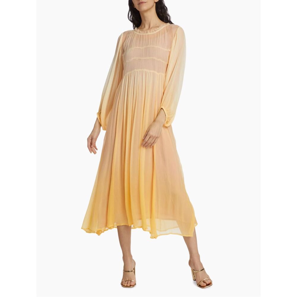 NWT Mariacher Sheer Crinkled Long Sleeve Maxi Dress in Light Yellow Size XS $495